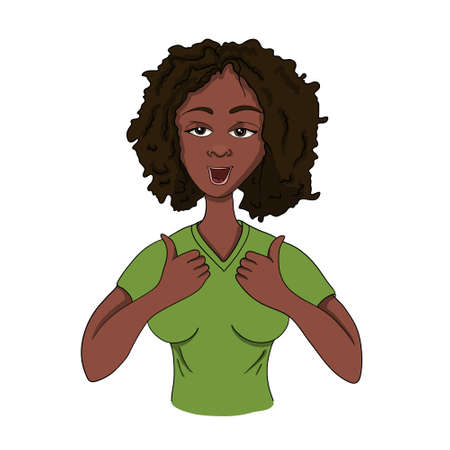 Smiling african american woman with thumbs up. Cartoon style vector illustration.のイラスト素材