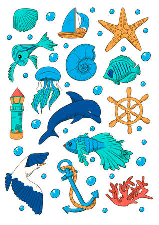 Sea ocean sticker set with fish, dolphin, seashell, lighthouse, weel, gull, coral, jellyfish, starfish, boat. Printable format.のイラスト素材
