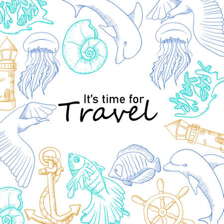 sea ocean postcard design with jellyfish, seashells, dolphin, lighthouse, anchor, fish, gull. Line art color vector illustration /のイラスト素材