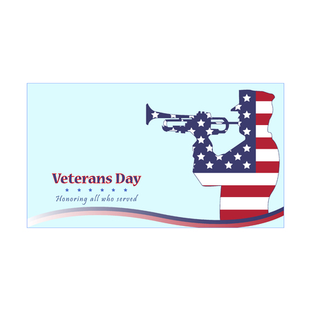 Vector illustration of a veterans day, flag, America, military trumpeter, USA, parade. Honoring all who served. American traditional patriotic celebration.のイラスト素材
