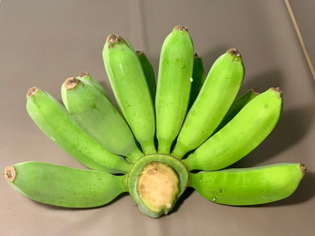 Green bananas on a gray background, close-up, top viewの写真素材