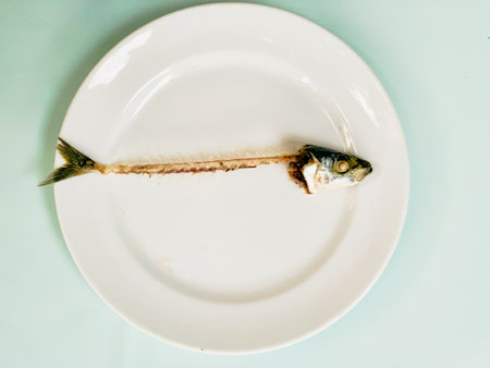 Sardine fish on a white plate in a restaurant, stock photo