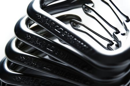 Still life shot of shiny silver wire gate karabiners