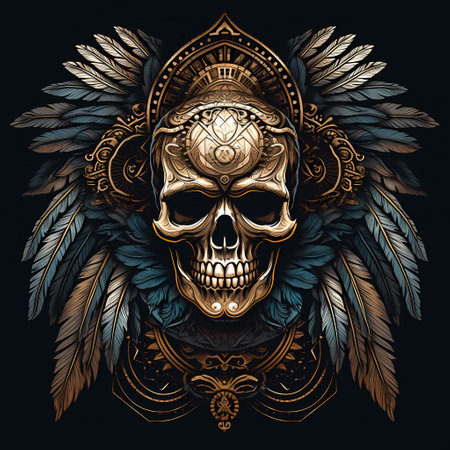 Skull with Indian feathers. Illustration for tattoo or t-shirt design.の素材