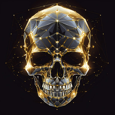 Digital Gold human skull with polygonal background.の素材