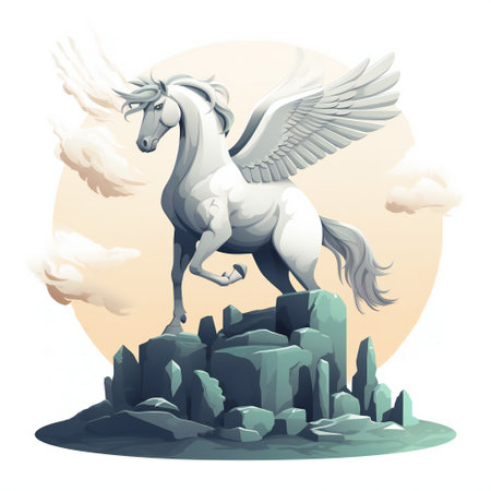 Vector look illustration of Pegasus on top of the mountain.の素材