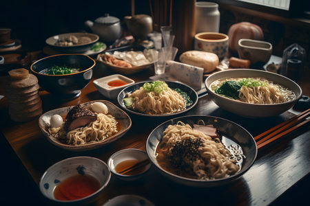 Japanese food, Japanese ramen on wooden table.の素材