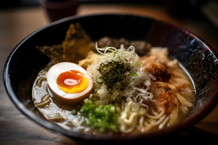 Japanese ramen noodle with egg in black bowl on wooden table.の素材