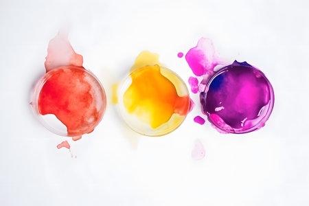 Colorful watercolor paint splashes on white background. Top view.の素材