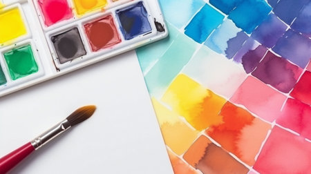 Watercolor paints and brushes on a white background. Top view.の素材