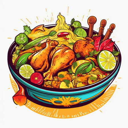 Vector illustration of chicken and vegetables in a bowl.の素材