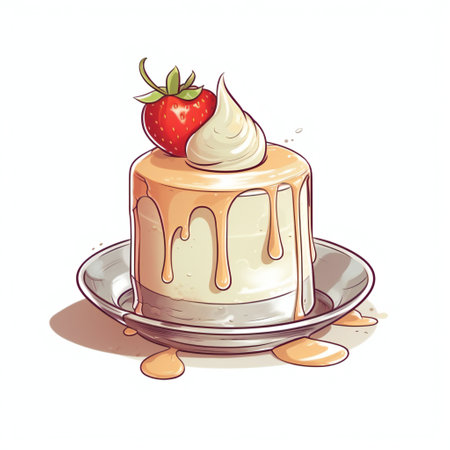 Illustration of a piece of cake with whipped cream and strawberry.の素材