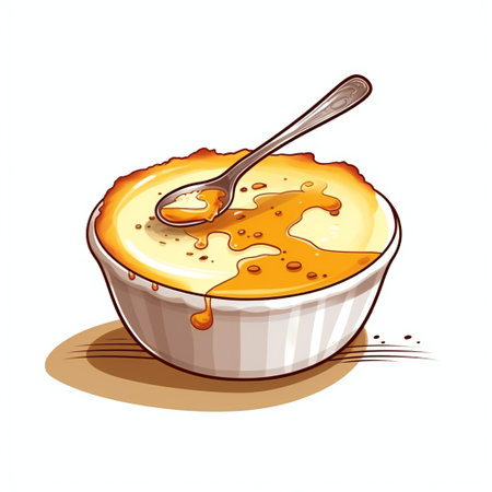Creme brulee in a ceramic bowl with spoon. Vector illustration.の素材