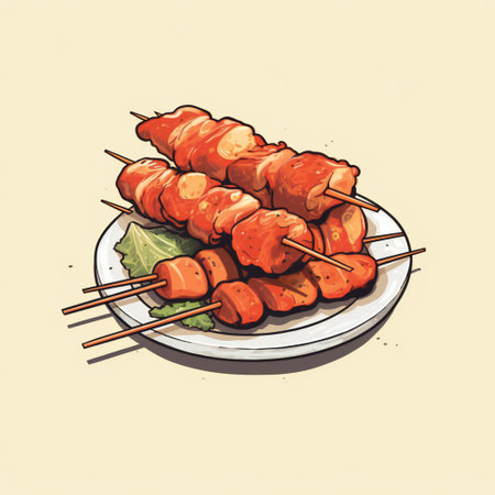 Illustration of grilled chicken skewers on a plate with chopsticksの素材