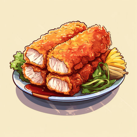 Illustration of fried chicken on a plate. Vector illustration of fried chicken.の素材