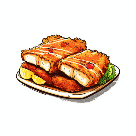 Illustration of fried pork fillet on a plate. Vector illustration.の素材