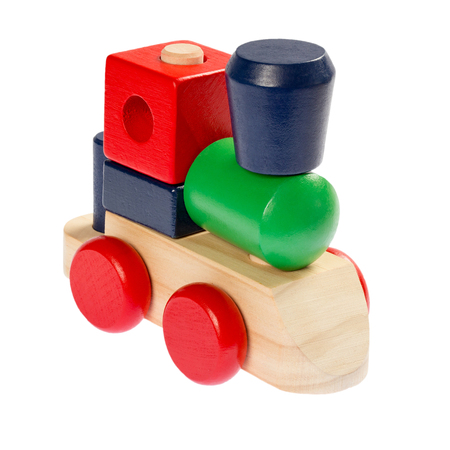 Colorful wooden toy train isolated on white backgroundの写真素材