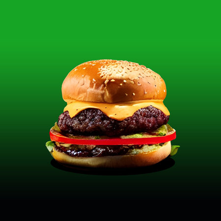 Big tasty hamburger on a green background with space for your textの写真素材
