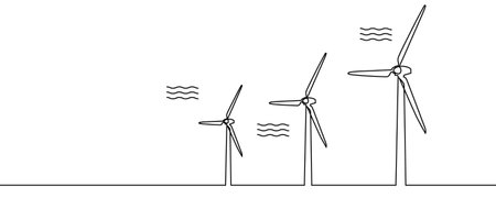 Wind turbines. Renewable energy. One continuous line drawing. Vector illustrationのイラスト素材