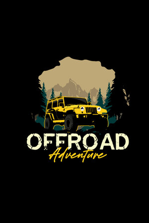 Off road vehicle vector illustration with mountains and forest on black background.のイラスト素材