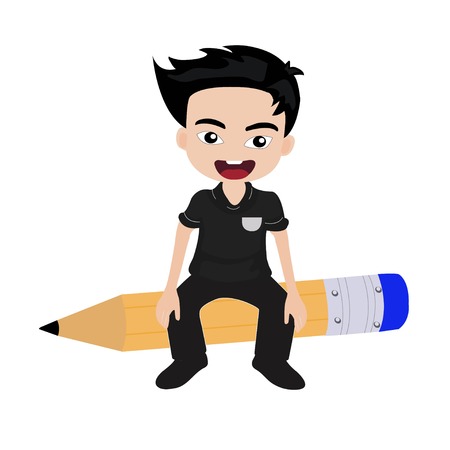 children sitting on a pencil isolated on white backgroundのイラスト素材