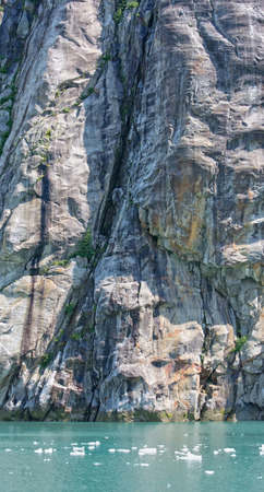 Small pieces of ice float by a sheer rock wall at the edge of the fjord.の写真素材