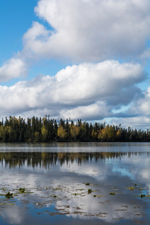 Puffy white clouds are reflected in an rural lakeの写真素材