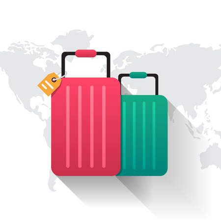 Travel flat suitcase icon and world map. Vectorのイラスト素材