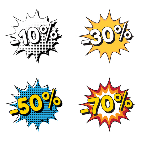 Labels discount -10%, -30%, -50%, -70%, pop art style. Vector illustration.のイラスト素材