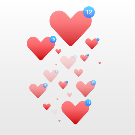 Like. Heart love. Thumbs up. Flying hearts. Red hearts of different sizes fly away. Like and Heart love icon in move. Vector illustration isolated on a white backgroundのイラスト素材