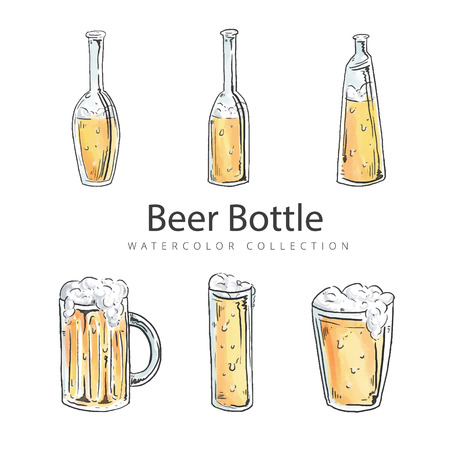 White background, beer mugs and bottle glassのイラスト素材