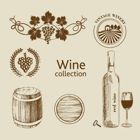Wine icon set - labels and bottle and barrel vector design symbols.のイラスト素材