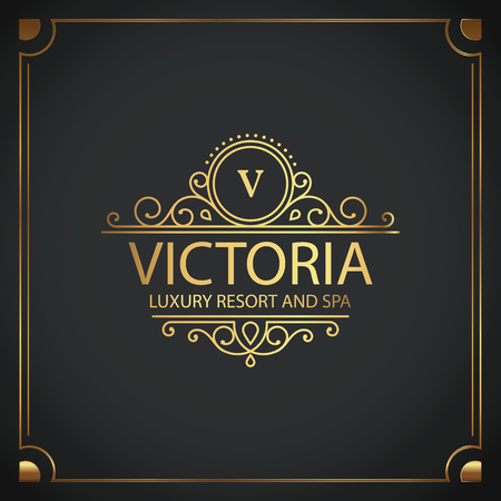 Luxury black label with golden frame sparks on black background. Dark premium logo template. Vector illustrationのイラスト素材