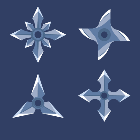 Ninja stars set. Shuriken, Japanese concealed weapon of sharpened metal throwing stars. Vector flat style cartoon illustration isolated on white backgroundのイラスト素材