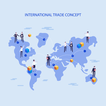 Global logistics network concept. Worldwide delivery of goods logistics and transportation. Air cargo trucking, rail transportation, maritime shipping vector illustration. Support international tradeのイラスト素材