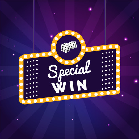 Gambling sign with lamp Special Win banner. Vector illustration design with poker, slot machines, playing cards, web game, mobile game, slots and roulette.のイラスト素材