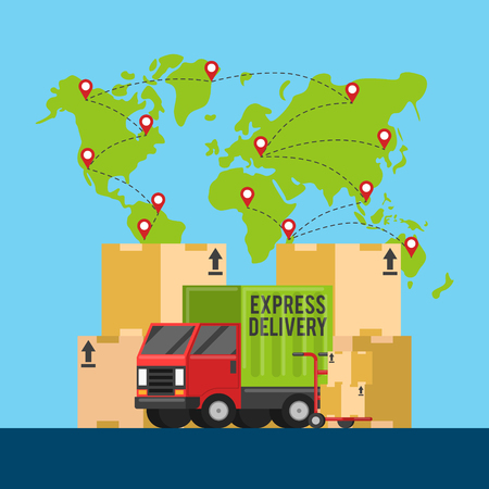 Delivery service chain. Winding road map of product journey to customer vector infographic. Delivery business, truck, transport and logistic illustrationのイラスト素材
