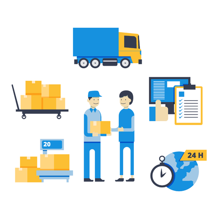 Delivery service chain. Winding road map of product journey to customer vector infographic. Delivery business, truck, transport and logistic illustrationのイラスト素材