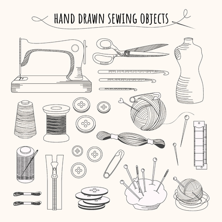 Set with sketch tailoring equipment. mannequin, sewing, sewing machine. hand-drawn illustrationのイラスト素材