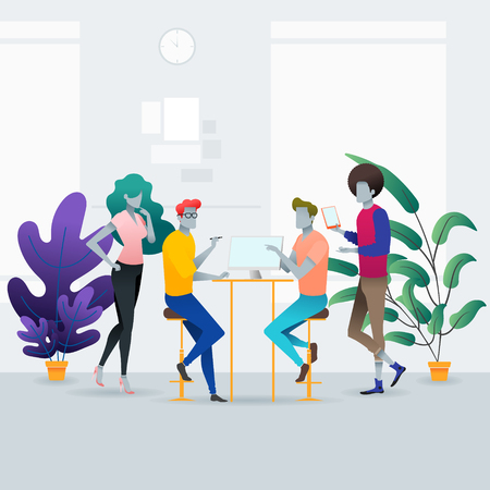 Friends are sitting at a table in a summer cafe. Vector illustration in a flat styleのイラスト素材