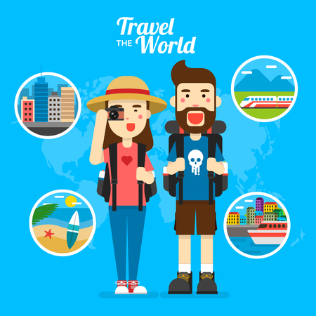vector young people with travel bag and map travelingのイラスト素材