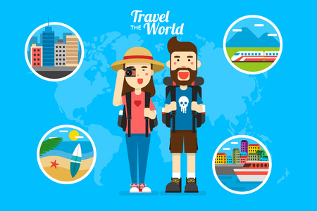 vector young people with travel bag and map travelingのイラスト素材
