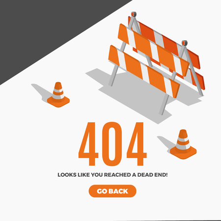 Flat line icon concept of 404 Error Page or File not found icon.Error 404 page with road isometric construction signs.のイラスト素材