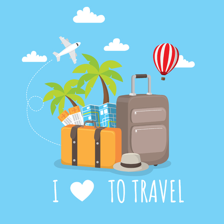 3D Realistic Time to Travel Banner with Items for Travelling like Backpack, Backpack, Sneakers, Compass, Mobile Phone, Sunglasses, Hat, Camera and Notebook in Blue Background. Vector Illustrationのイラスト素材