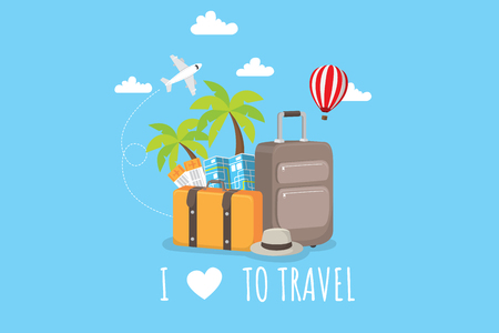 3D Realistic Time to Travel Banner with Items for Travelling like Backpack, Backpack, Sneakers, Compass, Mobile Phone, Sunglasses, Hat, Camera and Notebook in Blue Background. Vector Illustrationのイラスト素材