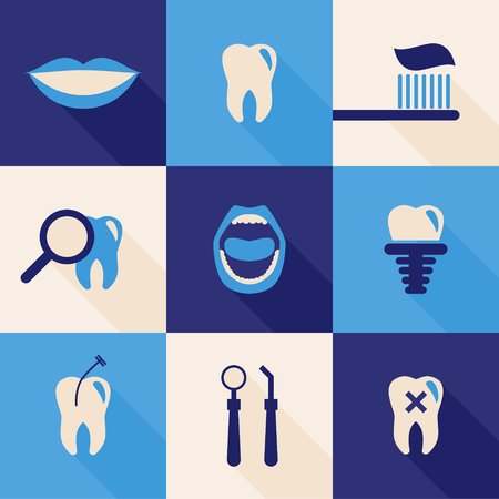 Dental instruments with tooth in circle shape. World Dentist Day Campaign. Vector Illustration isolated on blue background. Great for greeting card, poster and bannerのイラスト素材
