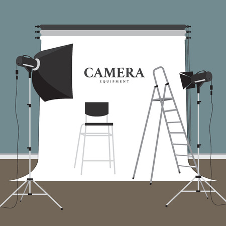 Photography studio vector. Photo studio white blank background with soft box light, camera, tripod and backdrop. Vector illustration. Isolated on white backgroundのイラスト素材