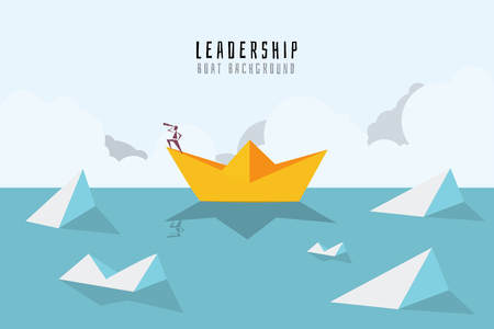 Businessman on paper boat on the sea with icebergs. Symbol of business risk and leadership.のイラスト素材