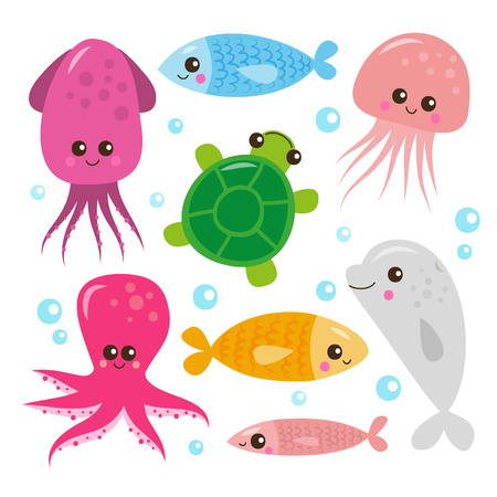 Vector group of sea animals and underwater creatures in circle shape for greeting cards, backgrounds and children designsのイラスト素材