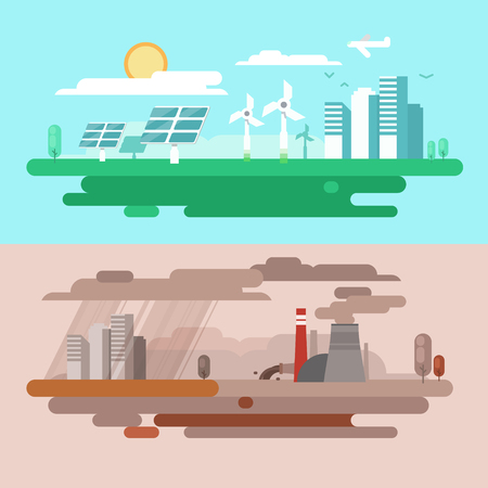 Ecology cartoon comparative concept with clean planet because of use alternative energy sources and dirty earth due to industrial environmental pollution vector illustrationのイラスト素材